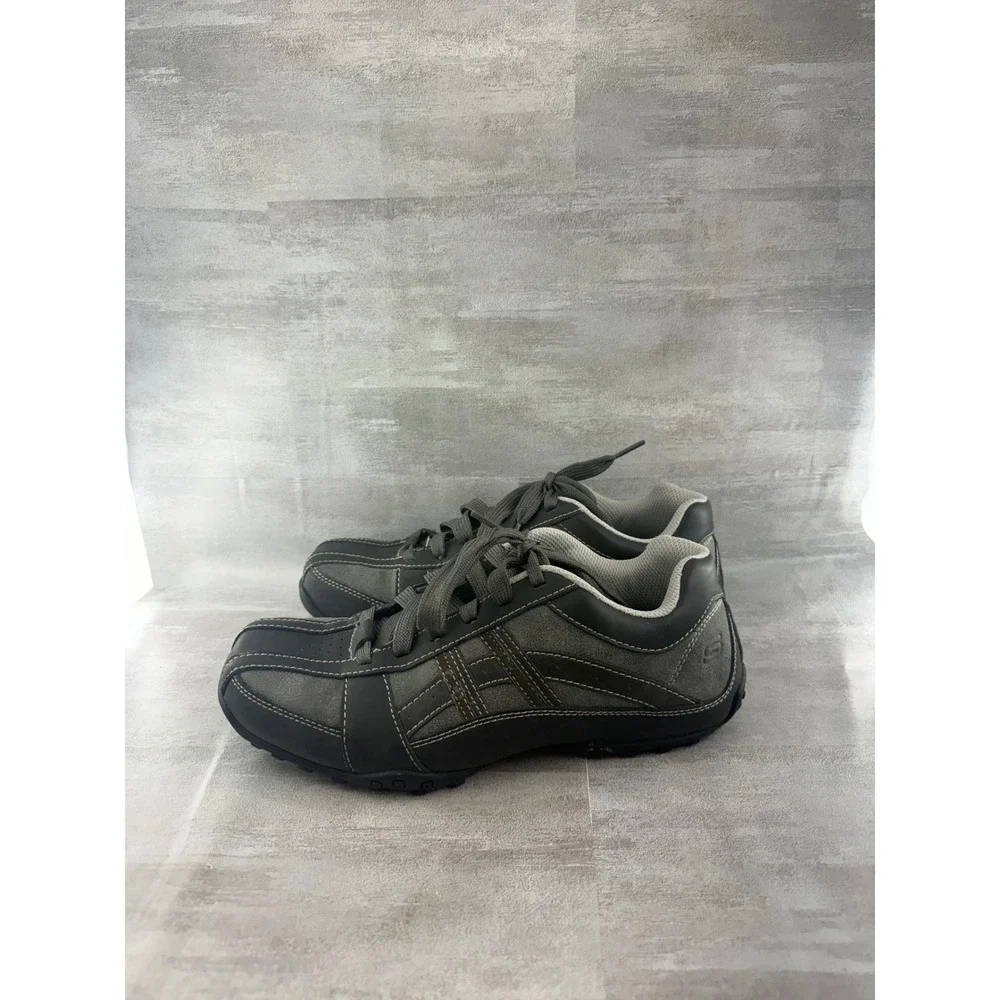 Skechers 64455 Men Charcoal Gray Leather Memory Foam Casual Sneakers Size 7.5